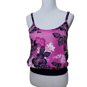 Kim Rogers Floral Leaf Tankini Swim Top Pink Blue Size Large